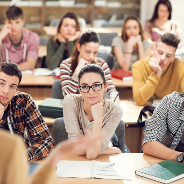 Large group of students listening a lecture in the classroom.